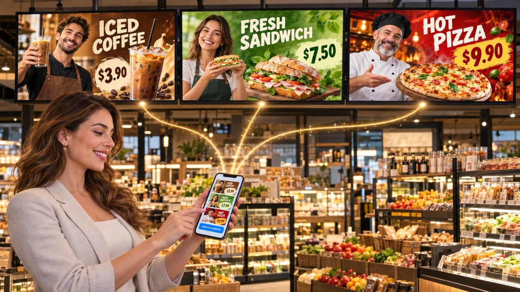 A woman sends three campaigns from her phone: iced coffee at $3.90, a fresh sandwich at $7.50, and hot pizza at $9.90