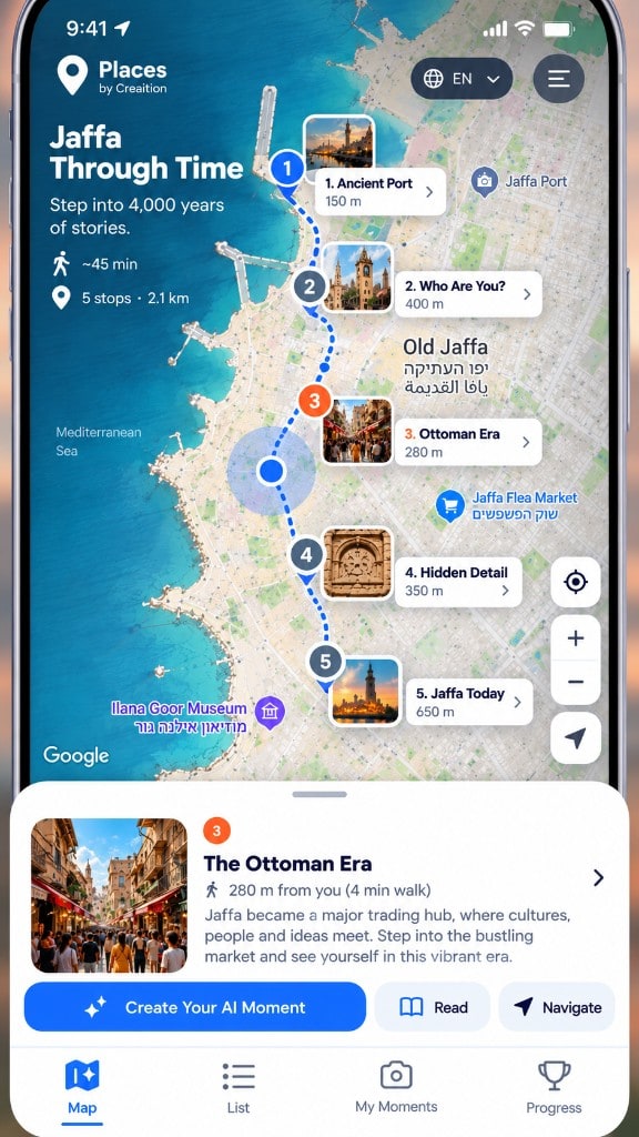Places map on a phone: a Jaffa route with five numbered photo markers, the visitor's position, walking distances and a card for the selected Point