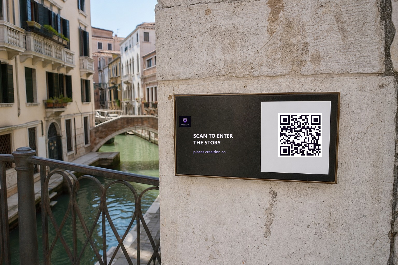 QR plaque on a historic street wall
