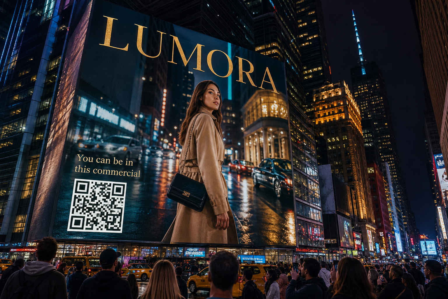 A giant New York City billboard playing a consented visitor commercial with a brand name and QR to join